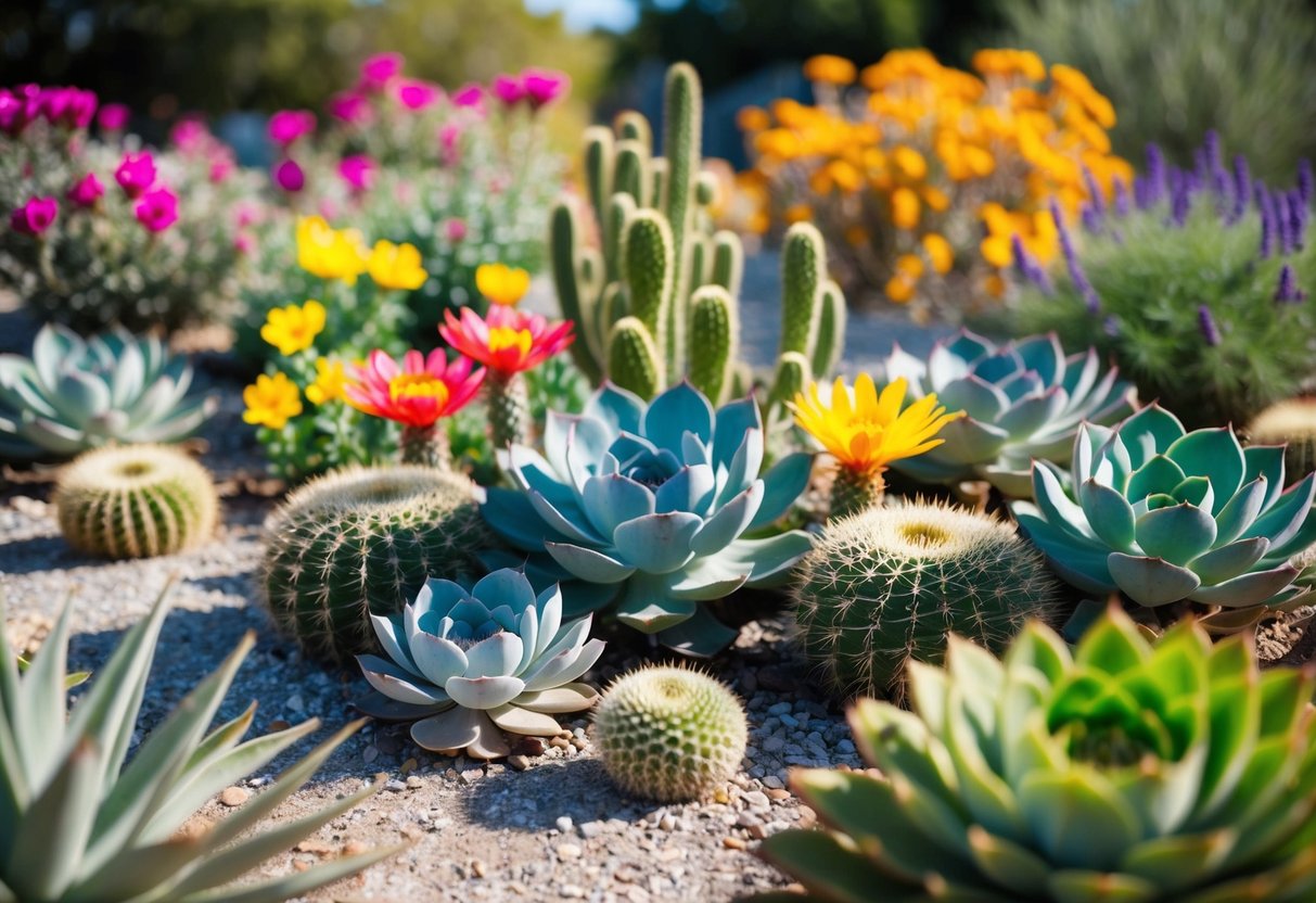 A variety of colorful, low-water flowering plants thrive in a dry garden. Succulents, cacti, and native drought-resistant species create a vibrant, water-efficient landscape