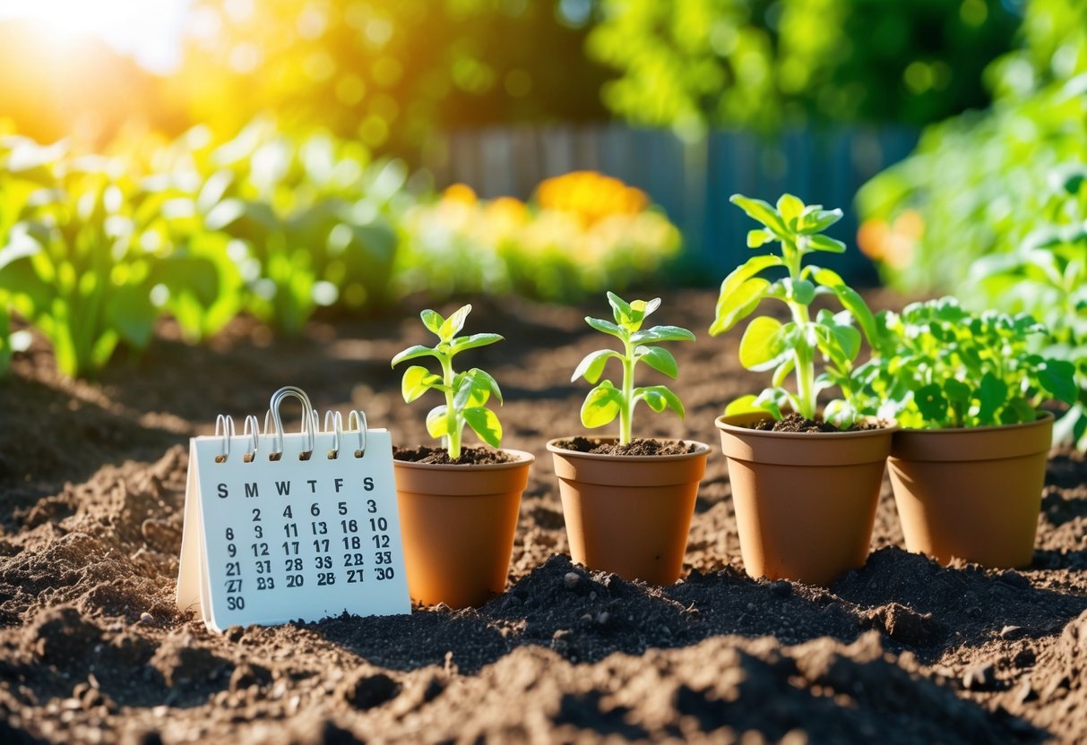 A sunny garden with freshly tilled soil, small seedlings in pots, and a calendar marking the first early planting date