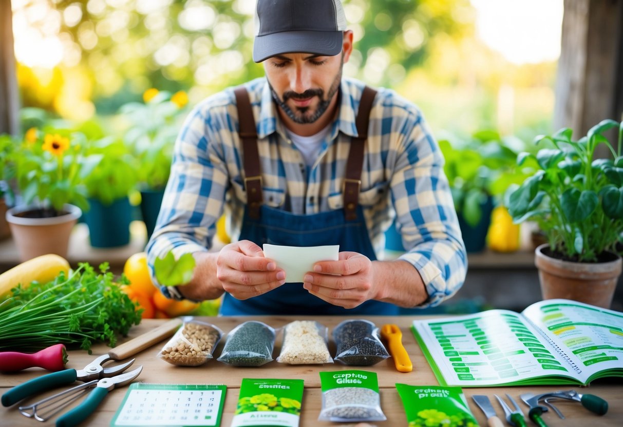 A farmer examining a variety of seeds, surrounded by gardening tools and seed packets, with a calendar and planting guide open on the table