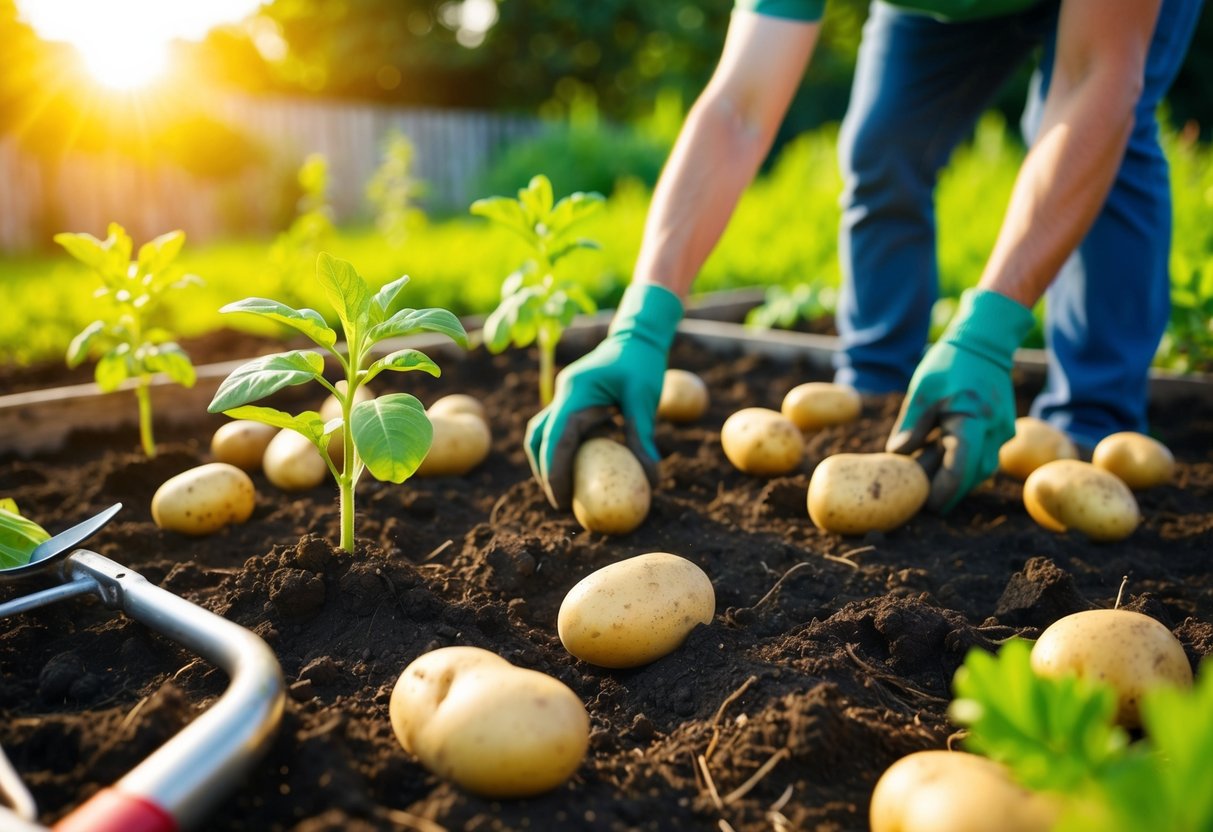 A gardener planting first early potatoes in a sunlit garden bed, surrounded by gardening tools and freshly turned soil