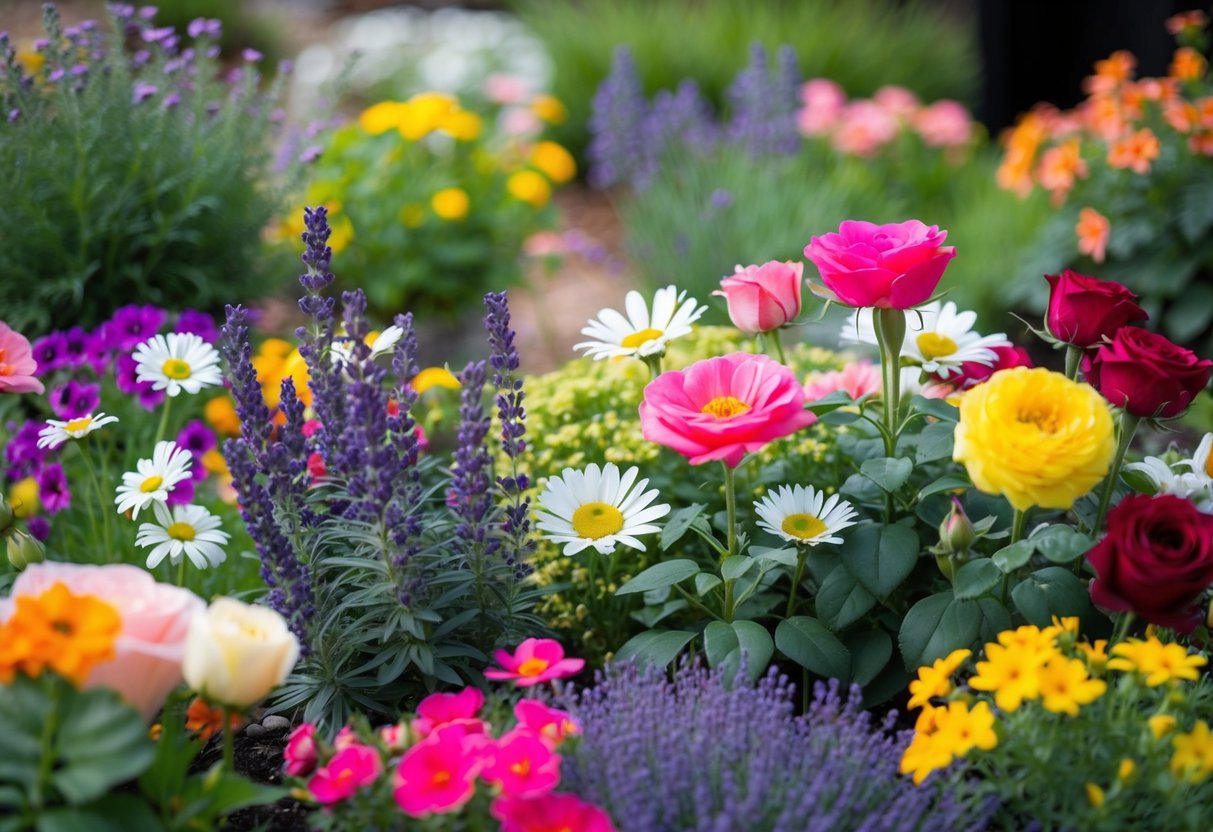 A colorful flower bed with a variety of blooming plants, including roses, daisies, and lavender, arranged in a harmonious and visually appealing composition