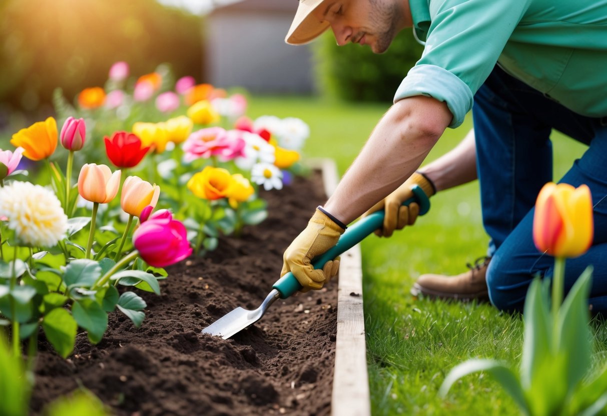 A gardener kneels beside a flower bed, trowel in hand, planting colorful blooms like roses, daisies, and tulips in freshly turned soil