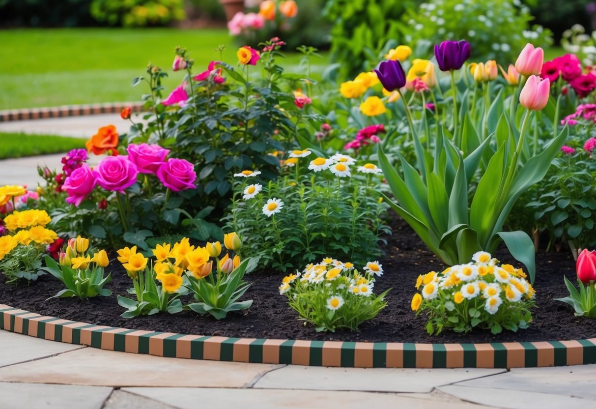 A flower bed with vibrant blooms and lush greenery, neatly edged with decorative borders, showcasing a variety of colorful plants such as roses, daisies, and tulips