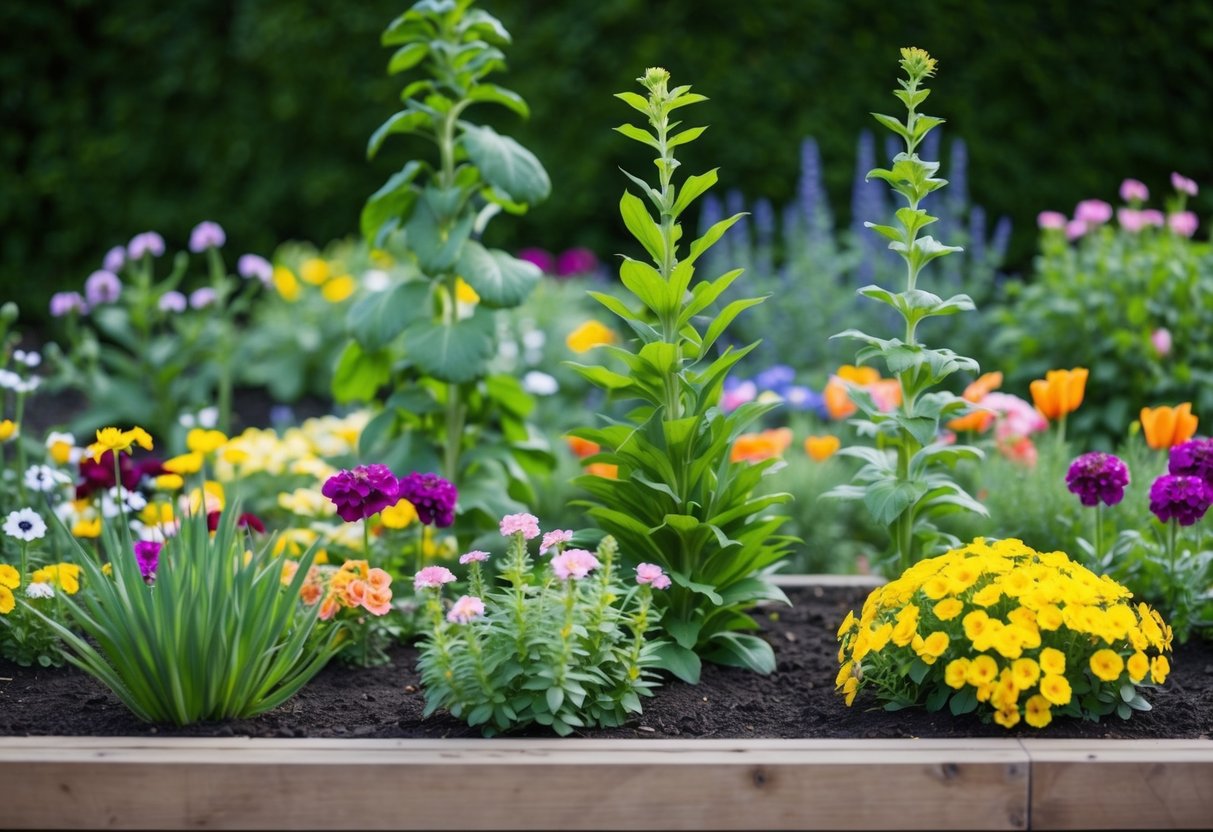 A garden bed with a variety of flowers arranged in a harmonious and balanced manner, with taller plants at the back and shorter ones in the front