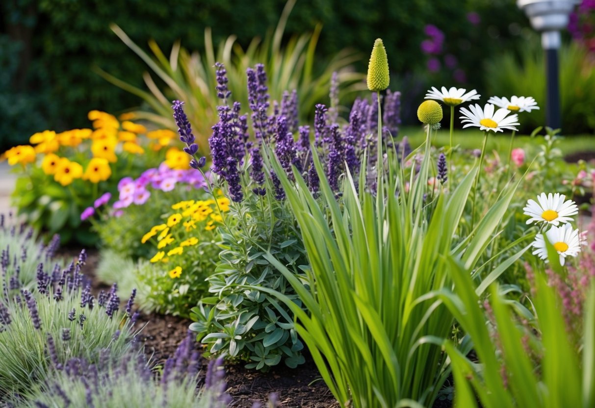 A flower bed with colorful blooms and lush green foliage, featuring a variety of low-maintenance plants such as lavender, daisies, and ornamental grasses