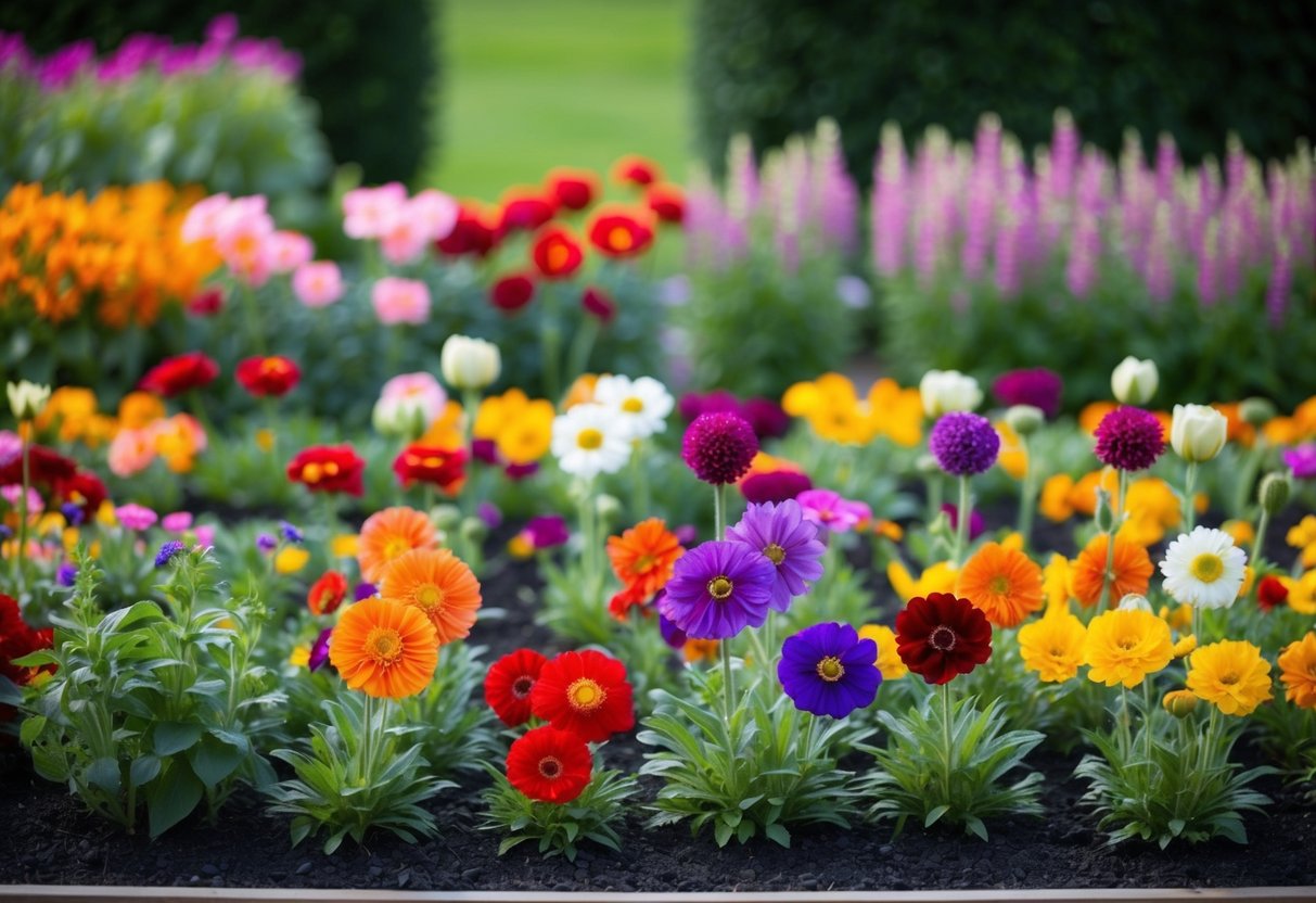 A variety of colorful flowers arranged in a garden bed with tall blooms in the back and shorter ones in the front, creating a visually pleasing composition