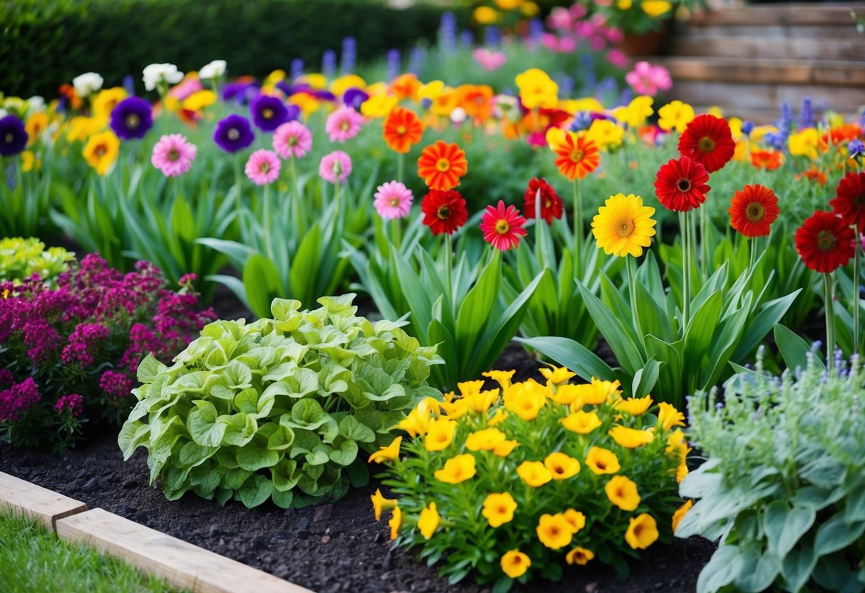 A variety of colorful flowers and green foliage arranged in a well-maintained flower bed, with consideration for height, color, and blooming seasons