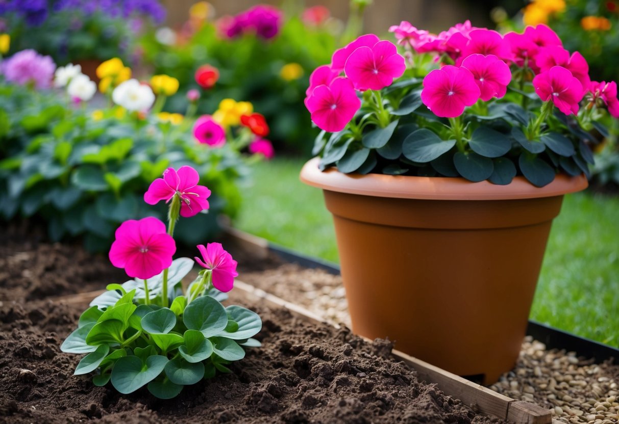 A geranium plant thriving in a large, vibrant pot while another geranium flourishes in the rich soil of a garden bed