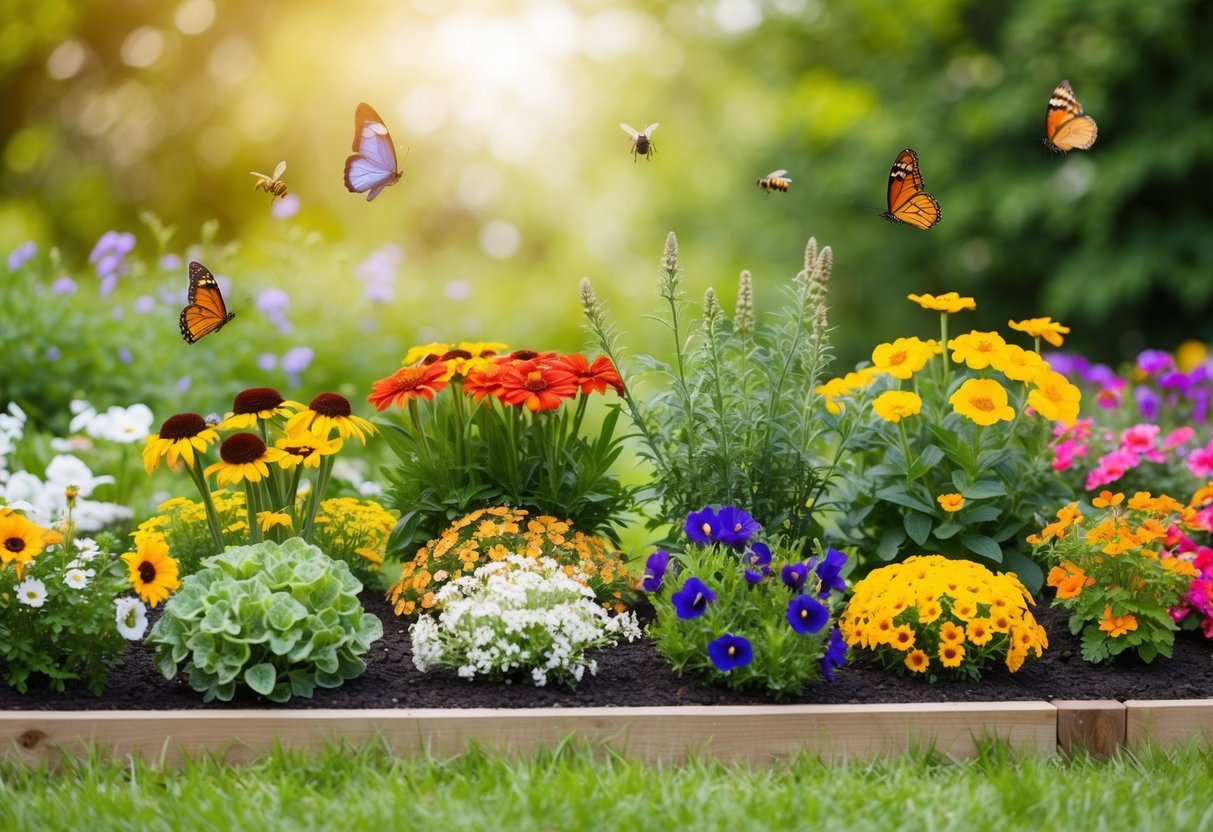 A garden bed with a variety of colorful flowers arranged in a natural and inviting way, with butterflies and bees hovering around