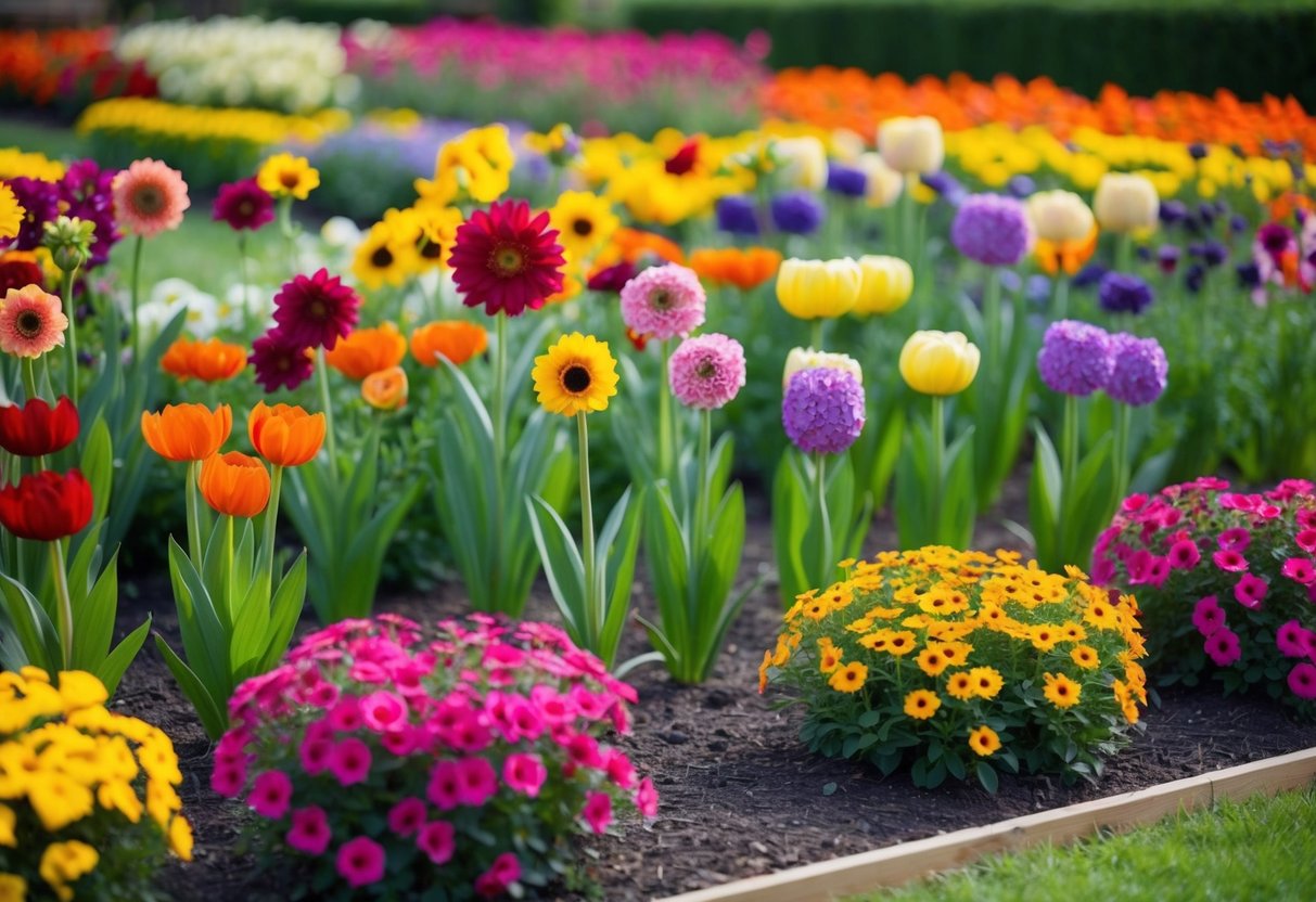 Colorful flowers arranged in a garden bed, varying in height and size, creating a visually appealing and balanced composition