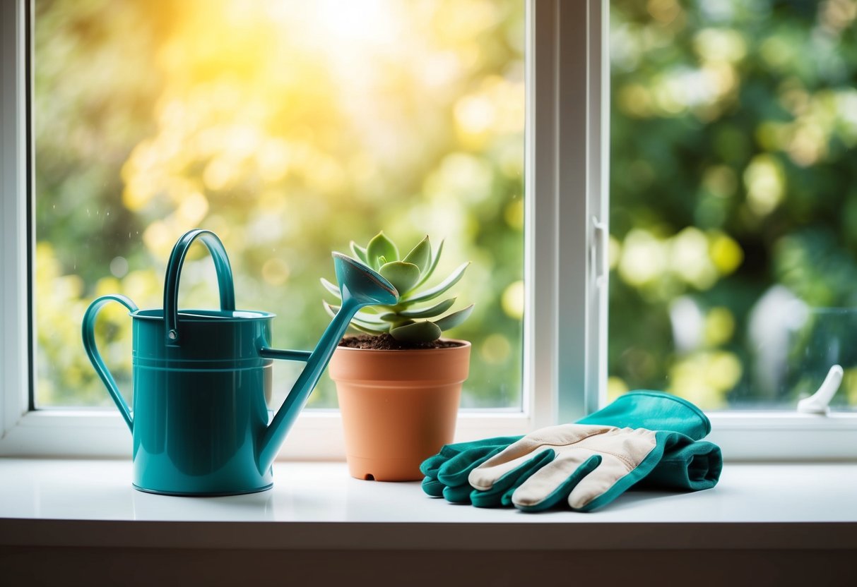 A sunny window with a small potted succulent, a watering can, and a pair of gardening gloves on a table