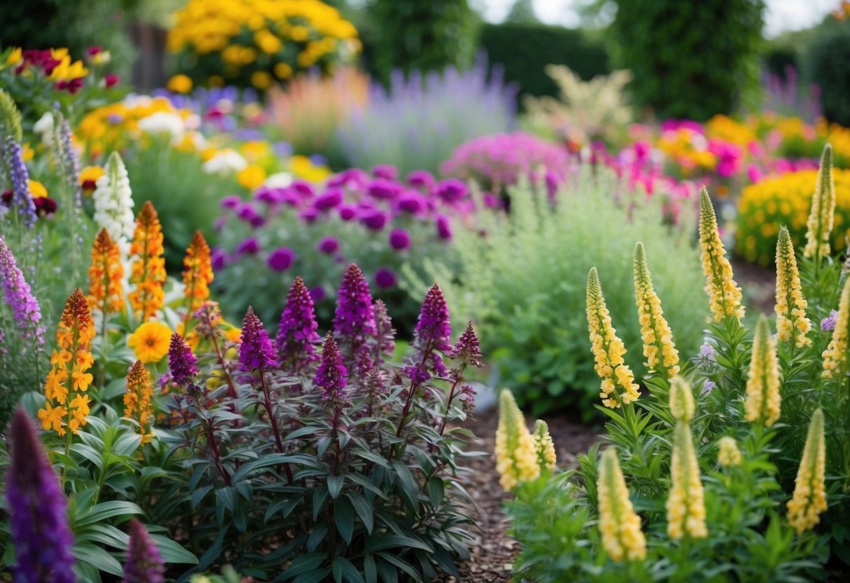 A garden filled with colorful long-flowering perennials, blooming from spring to autumn, showcasing a variety of shapes and sizes