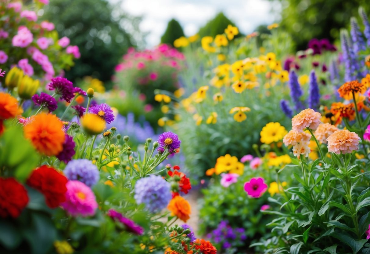 A vibrant garden with a variety of colorful flowers blooming in the UK's temperate climate