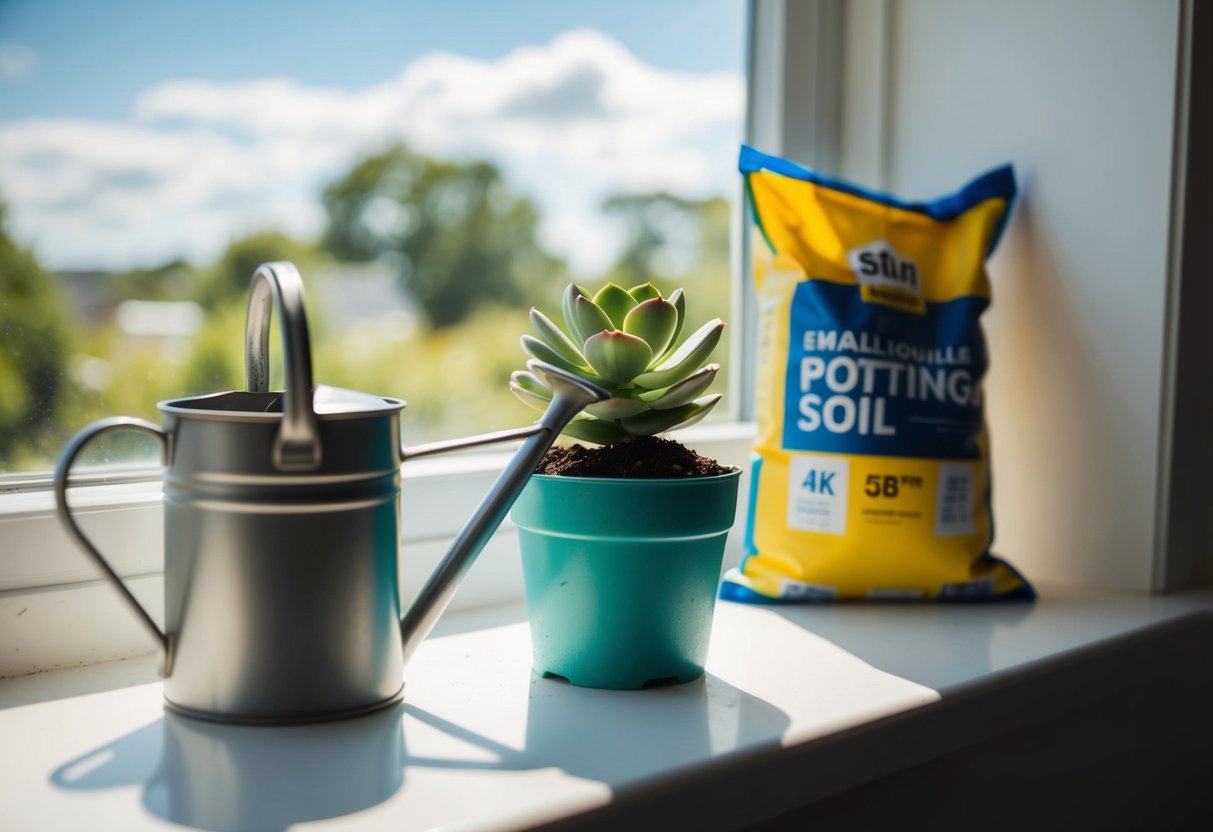 A small potted succulent sitting on a sunny windowsill, surrounded by a watering can and a bag of potting soil