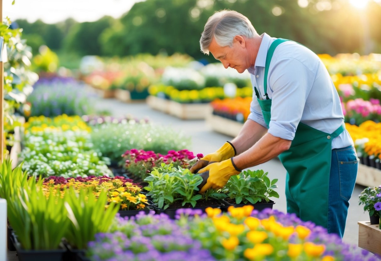 A gardener selecting bedding plants from a variety of colorful options at a garden center