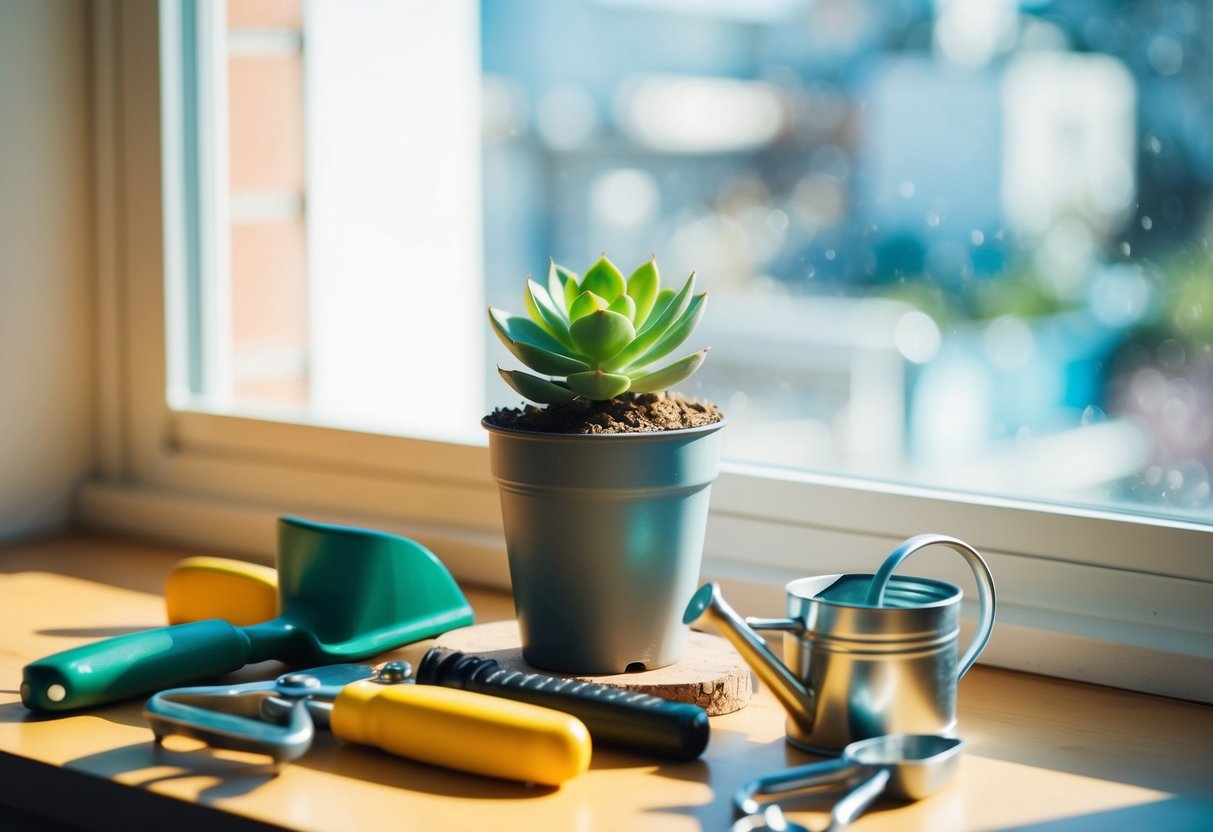 A small potted succulent sitting on a sunny windowsill, surrounded by gardening tools and a watering can