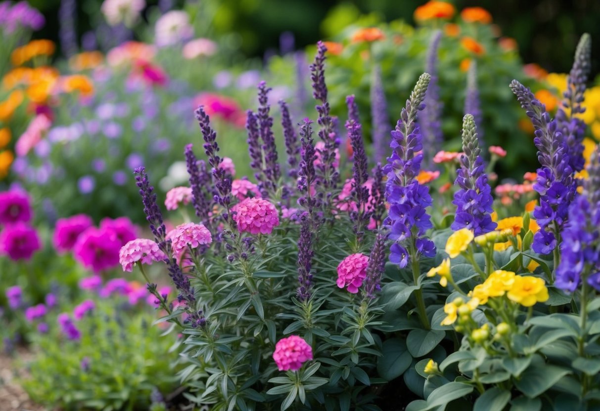 A colorful garden bursting with blooming perennials, including vibrant and long-lasting flowering plants such as lavender, geraniums, and delphiniums