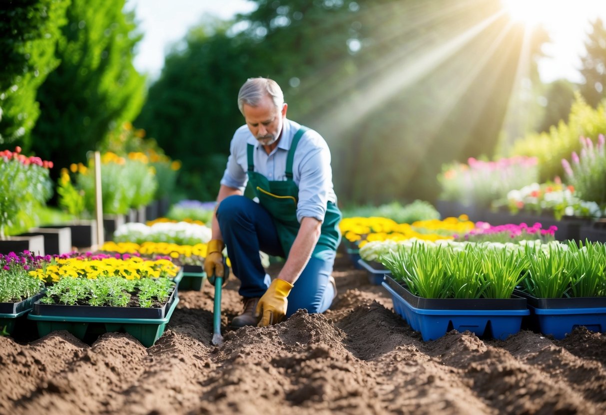 A gardener kneels in freshly tilled soil, surrounded by trays of colorful bedding plants. The sun shines overhead as the gardener carefully prepares the garden for planting