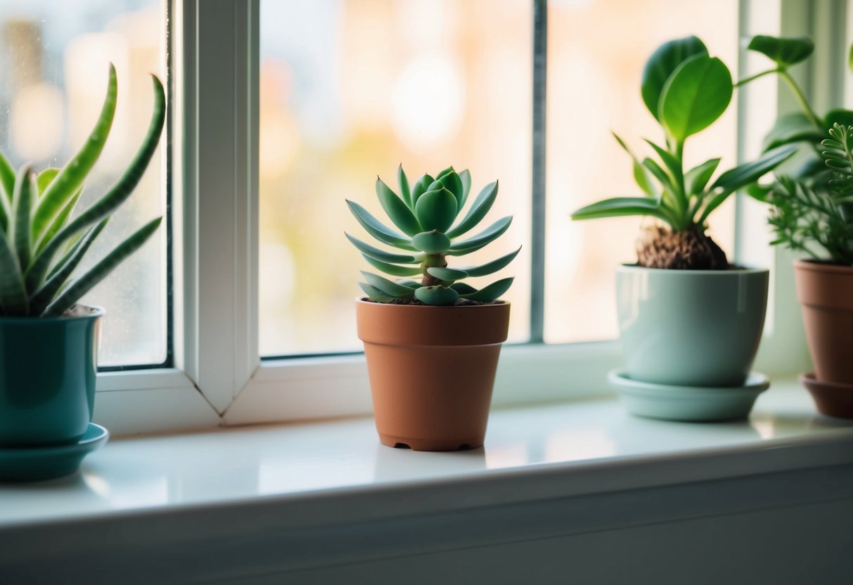 A small potted succulent sitting on a sunlit windowsill, surrounded by other indoor plants of varying sizes and shapes