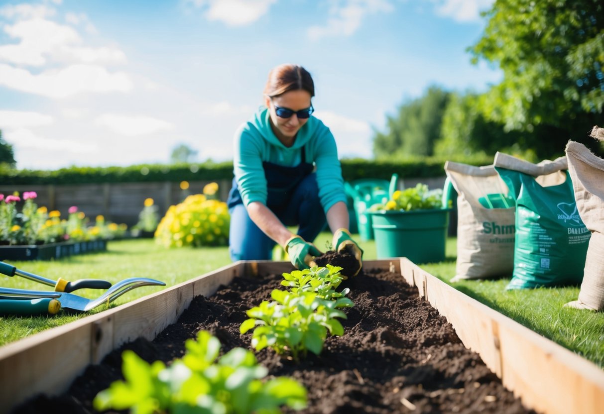 A person planting bedding plants in a garden bed, surrounded by gardening tools and bags of soil, with a clear blue sky overhead