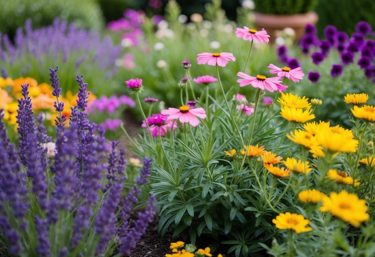 A lush garden bed filled with colorful long-blooming perennials, including vibrant purple lavender, delicate pink yarrow, and cheerful yellow coreopsis