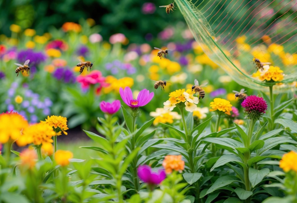 A garden with colorful bedding plants in bloom, surrounded by buzzing pollinators and protective netting to shield the plants