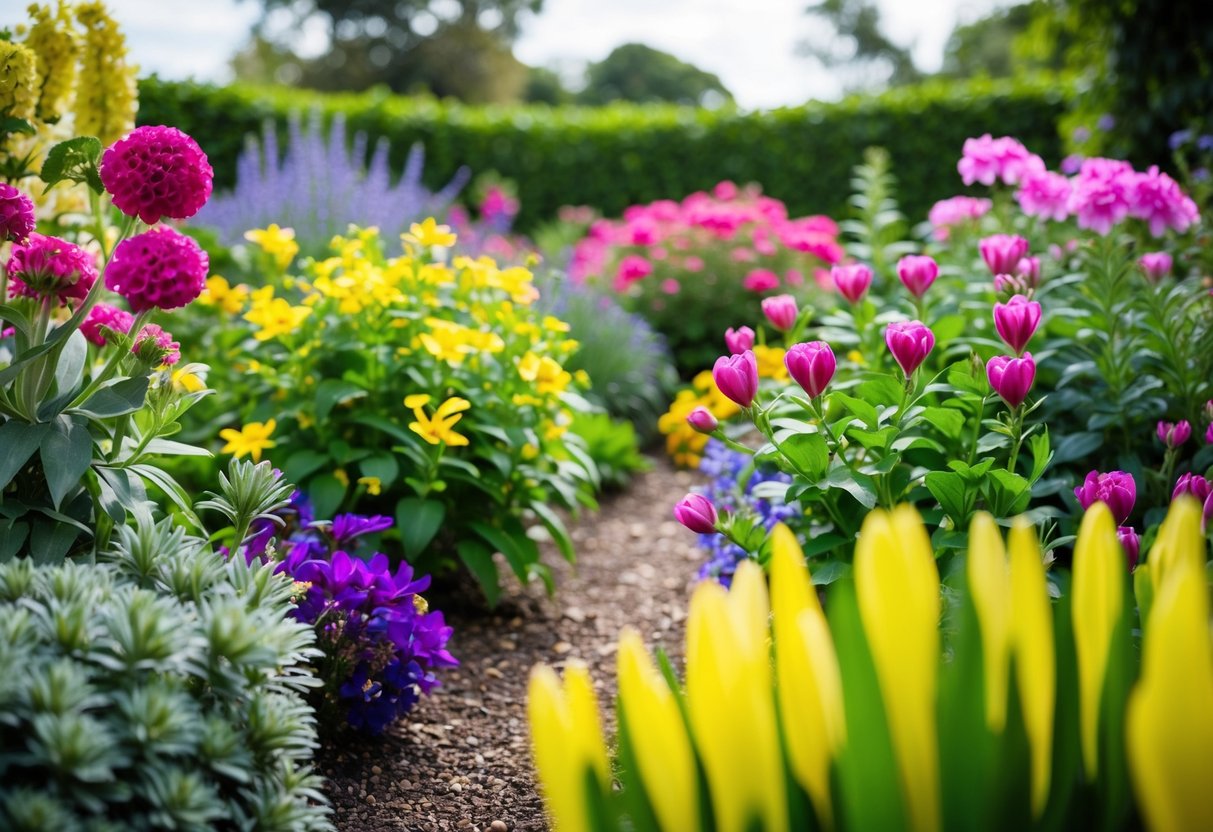 A vibrant garden with a variety of blooming plants, showcasing the beauty and longevity of the UK's longest flowering plant