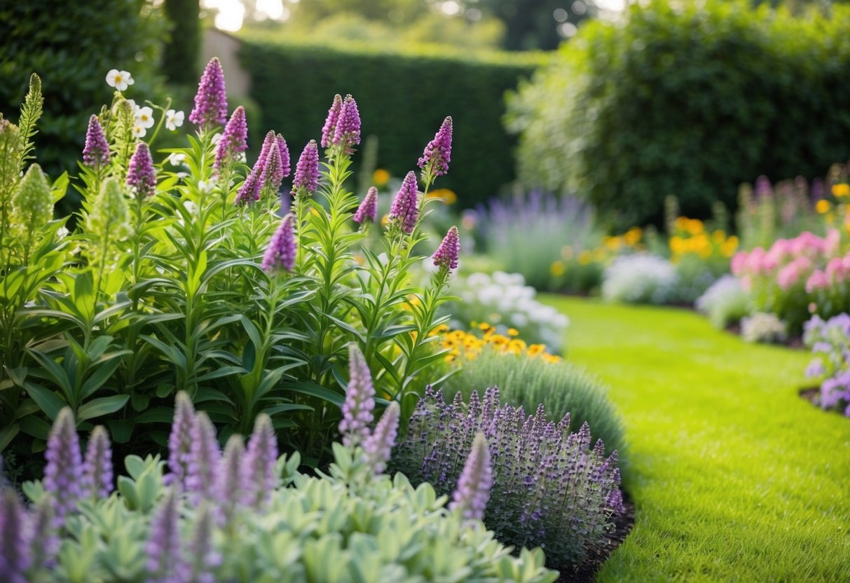 A lush garden with a variety of blooming perennials, showcasing their resilience and ability to return year after year