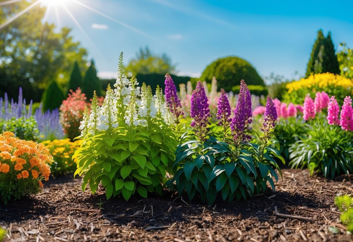 A colorful array of blooming perennials surrounded by well-tended soil and mulch, with a clear blue sky and sunshine overhead