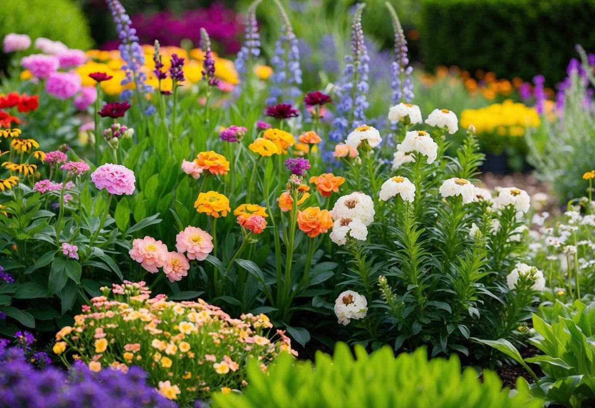 A garden filled with blooming hardy perennials in various colors and sizes, with a mix of flowers and green foliage, showcasing their ability to return each year