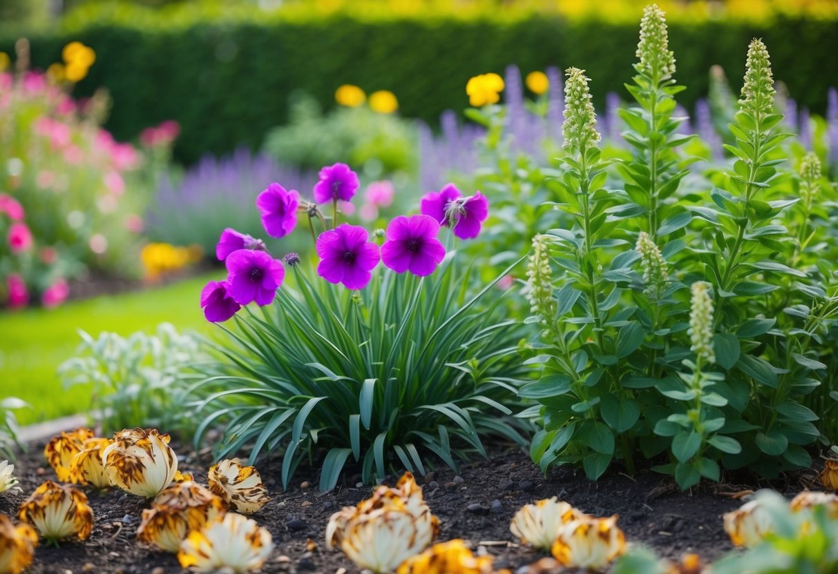 A garden with blooming perennials returning each year, surrounded by wilted annuals