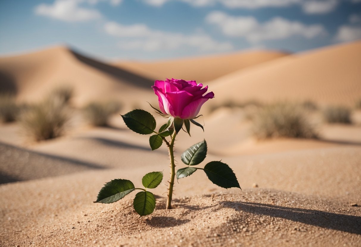 A lone desert rose blooms amidst dry, sandy terrain under the scorching sun