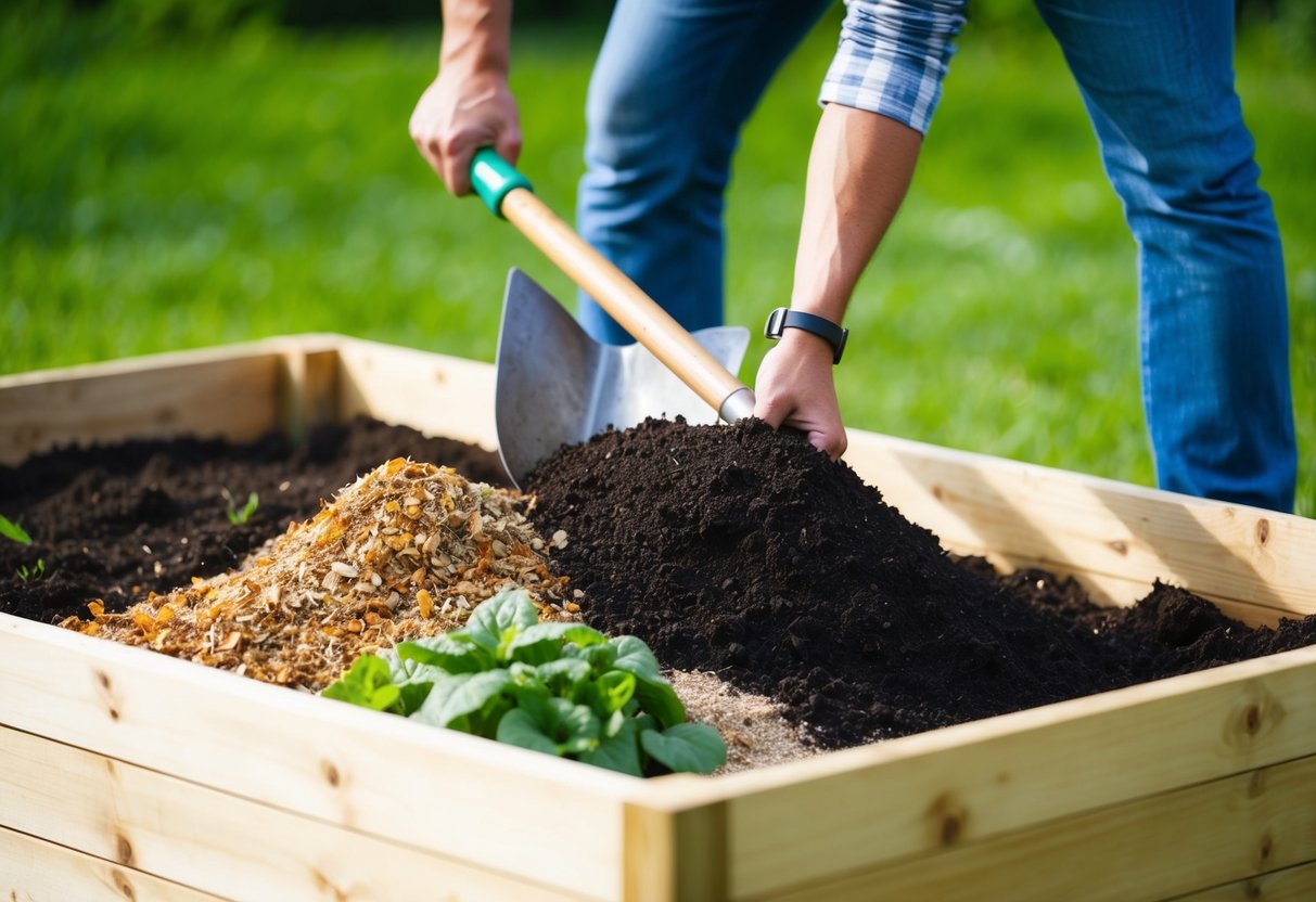 A person using a shovel to fill a wooden raised garden bed with a mixture of soil, compost, and organic fertilizer