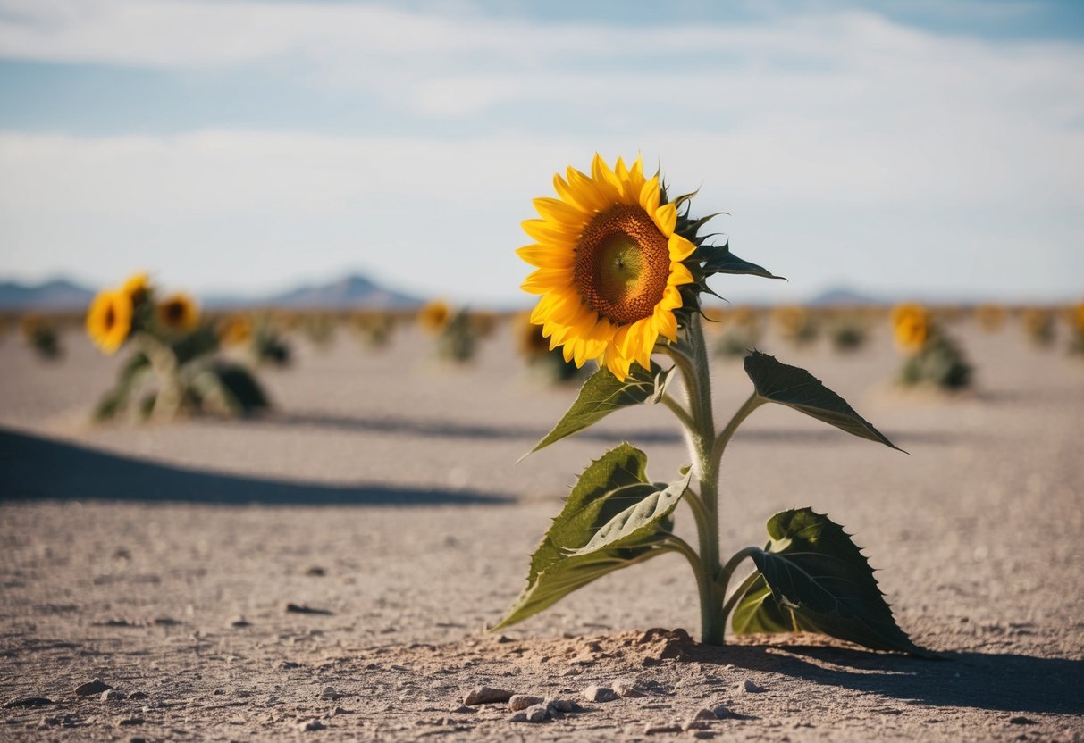 A lone sunflower blooms in a barren desert, its vibrant yellow petals contrasting against the harsh, dry landscape