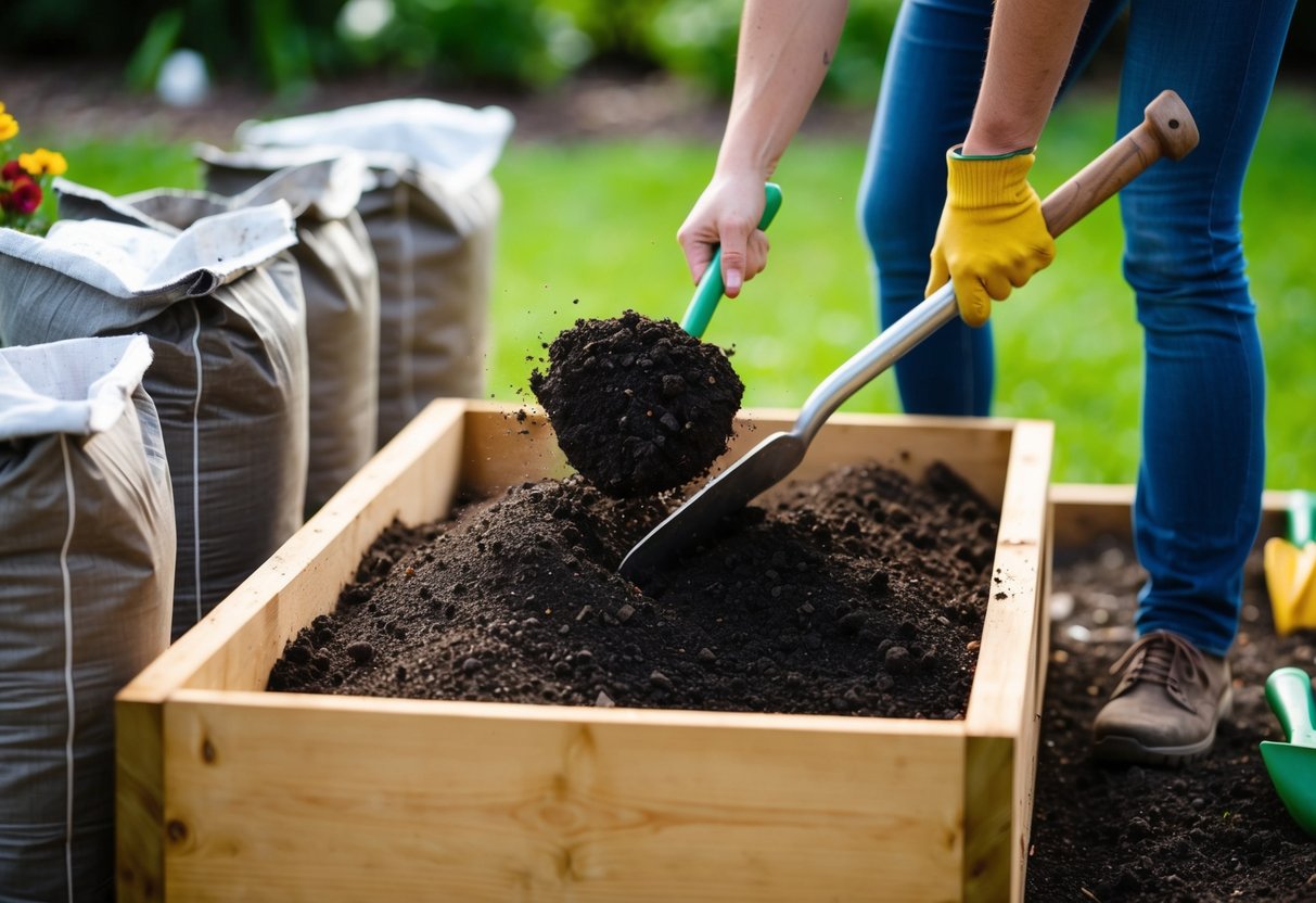 A person scoops soil and compost into a raised garden bed, mixing them together with a shovel. The bed is surrounded by bags of soil and compost, with gardening tools nearby