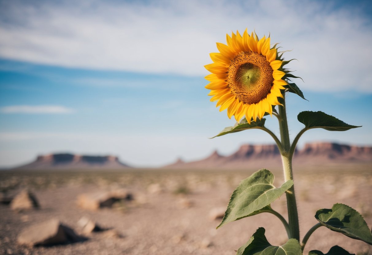 A lone sunflower blooms in the midst of a barren, rocky landscape, defying the harsh conditions with its vibrant colors and sturdy stem