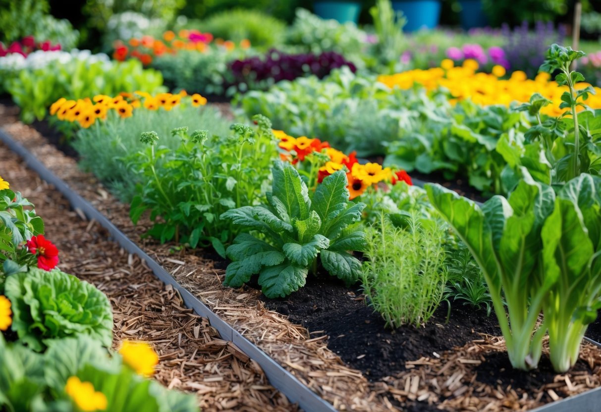 A garden bed filled with a variety of colorful and thriving flowers, vegetables, and herbs, all arranged in neat rows with healthy soil and mulch