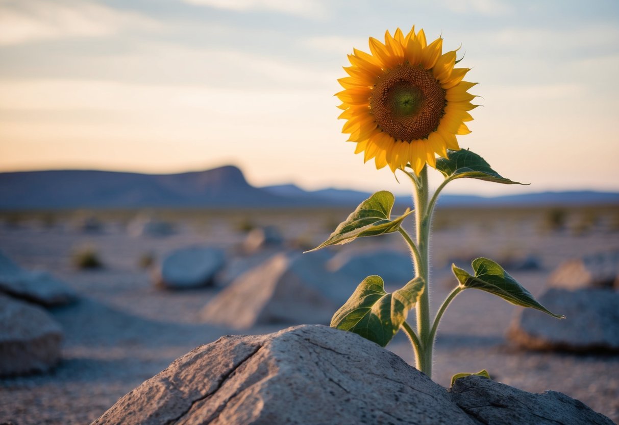 A lone sunflower blooms in the midst of a barren, rocky landscape, defying the harsh conditions with its vibrant petals and sturdy stem