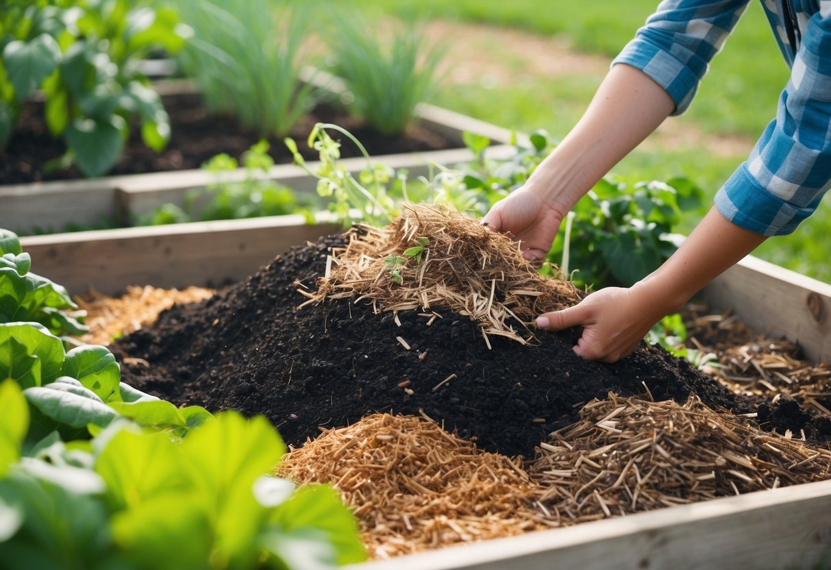 A variety of organic materials, such as compost, mulch, and cover crops, being layered into a garden bed to promote sustainable practices for long-term success