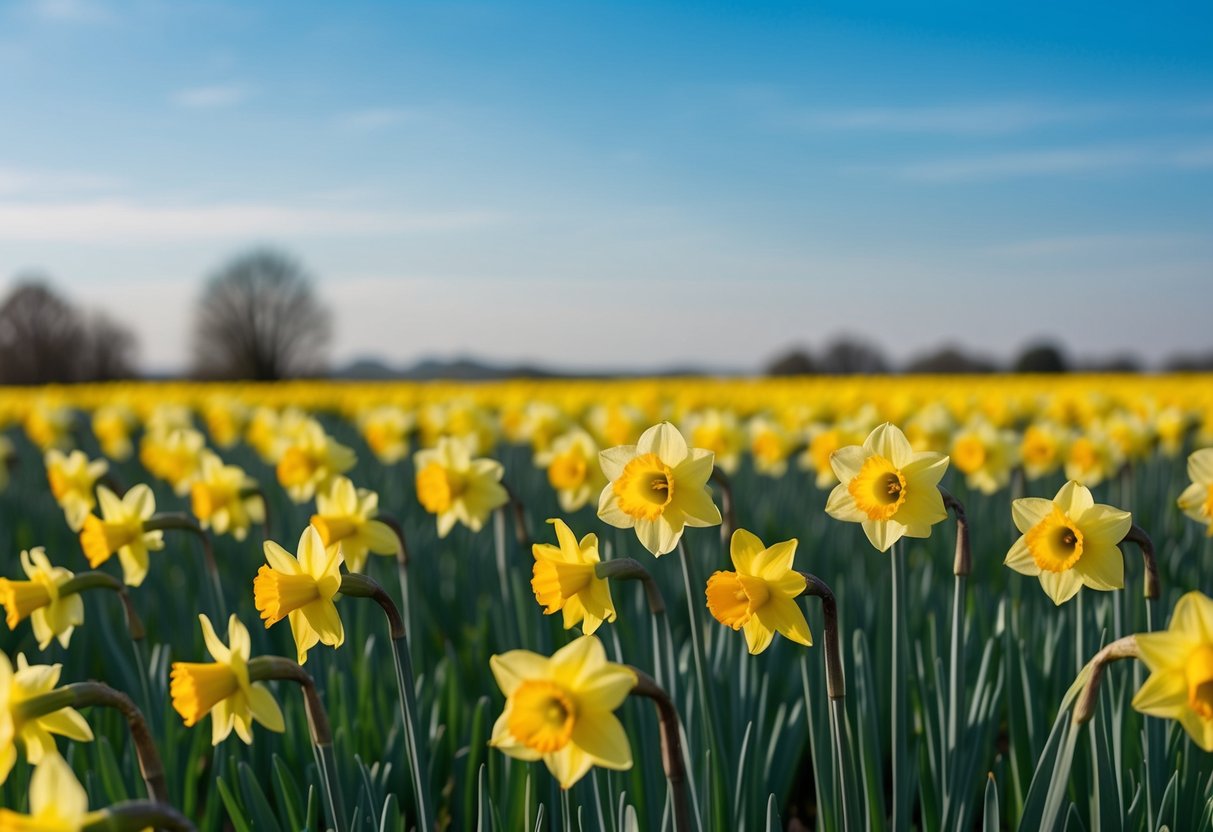 A field of vibrant yellow daffodils stretching out towards the horizon under a clear blue sky