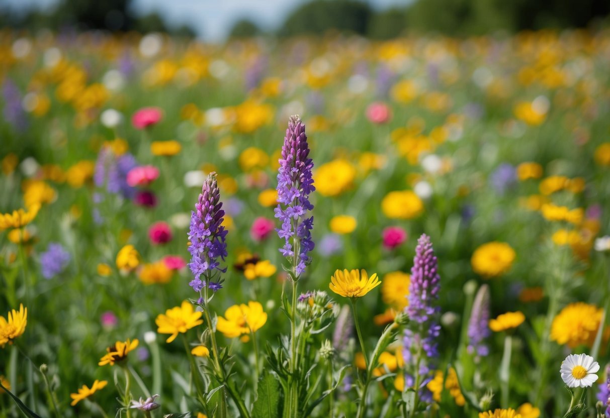 A field of vibrant wildflowers in the UK, with a variety of species showcasing the country's rich biodiversity