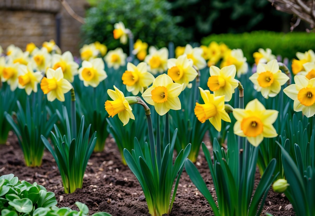 A garden with colorful blooms of daffodils, commonly seen in the UK, surrounded by lush green foliage and well-tended soil