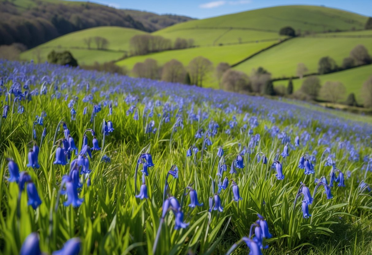 A lush meadow filled with vibrant bluebells, stretching as far as the eye can see, with a backdrop of rolling green hills under a clear blue sky