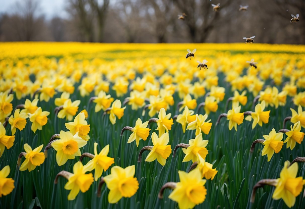 A field of vibrant yellow daffodils stretching as far as the eye can see, with bees buzzing around the blossoms