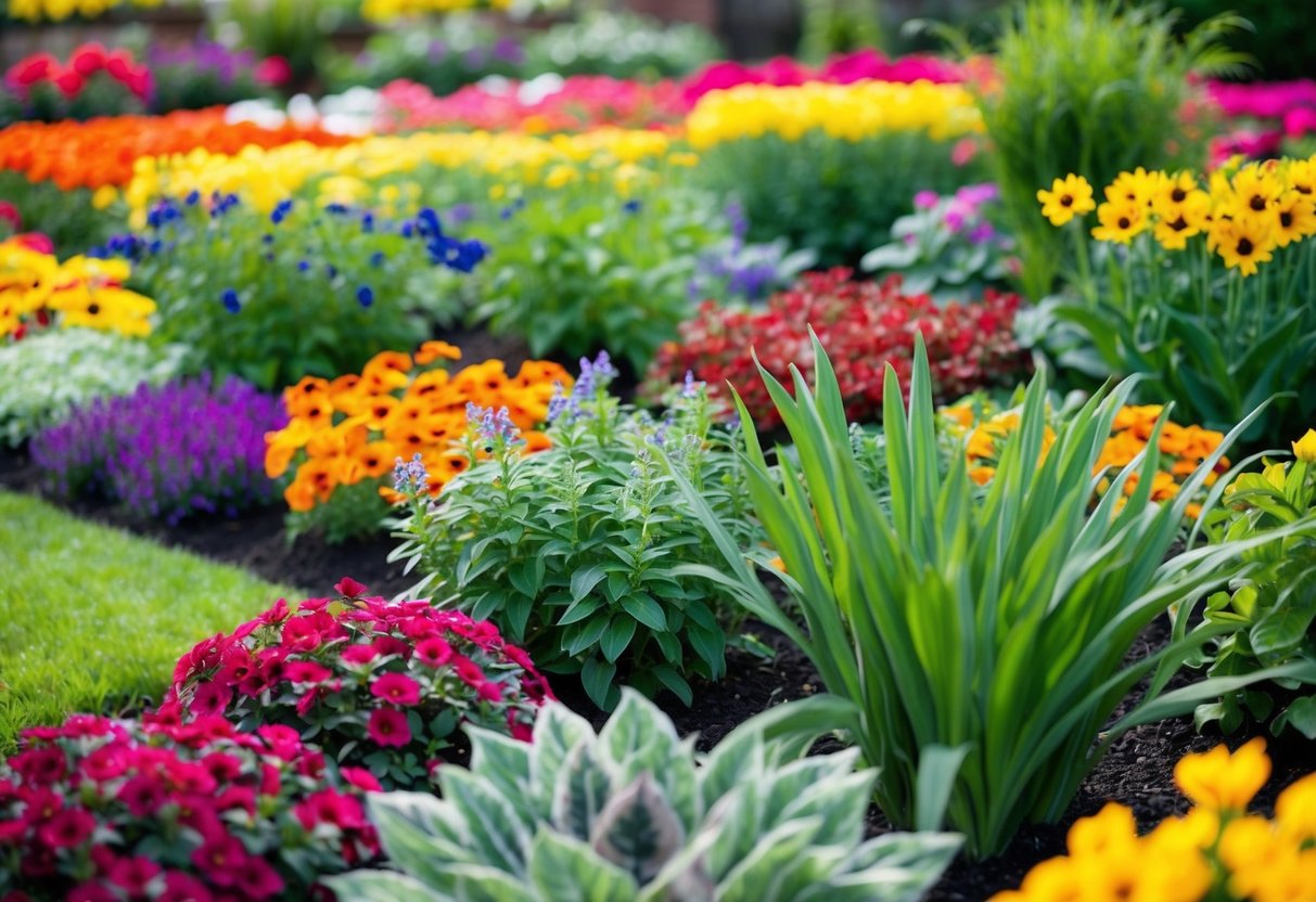 A vibrant display of colorful bedding plants arranged in a garden bed, with various flowers and foliage creating a visually appealing scene