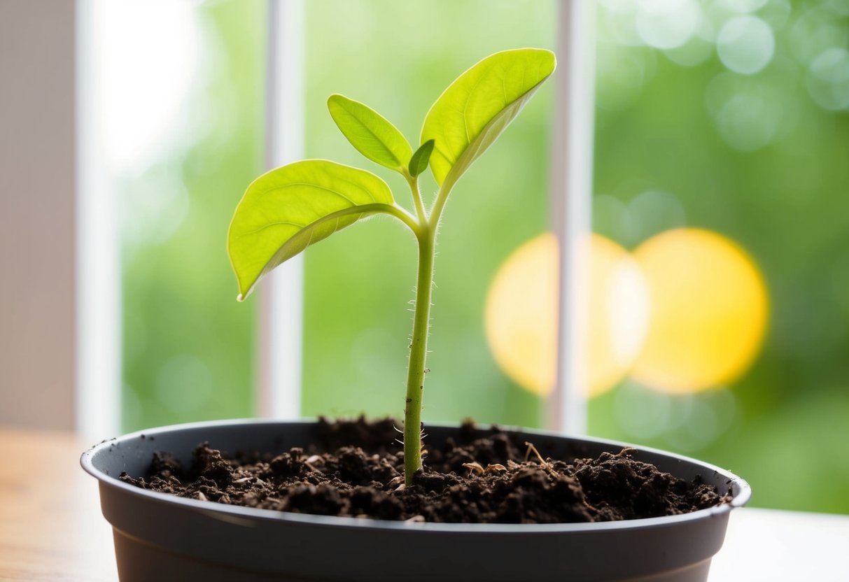 A small seedling emerges from rich soil in a bright, sunlit room. The tender shoot reaches upward, unfurling its first leaves in just three days