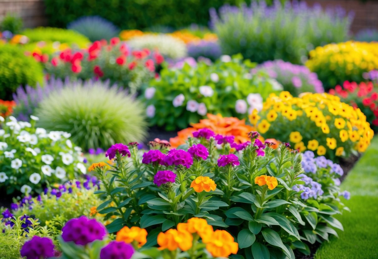 A lush garden with a variety of colorful bedding plants in full bloom, showcasing the most popular choices for different spaces