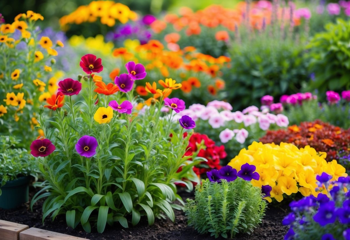 A colorful garden bed with vibrant flowers in full bloom, showcasing various growth habits and the diversity of popular bedding plants