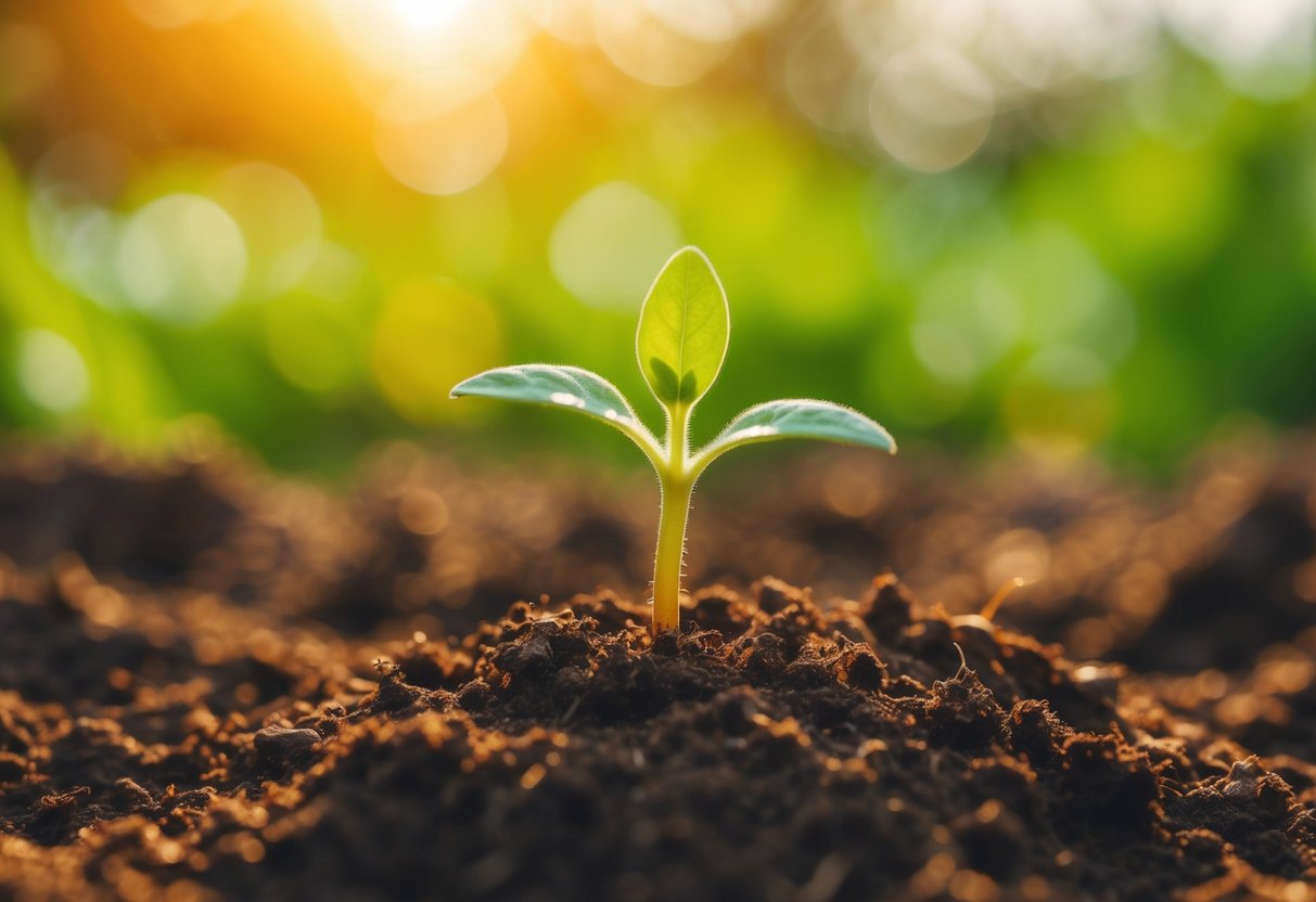 A small seedling sprouts from rich soil, bathed in warm sunlight