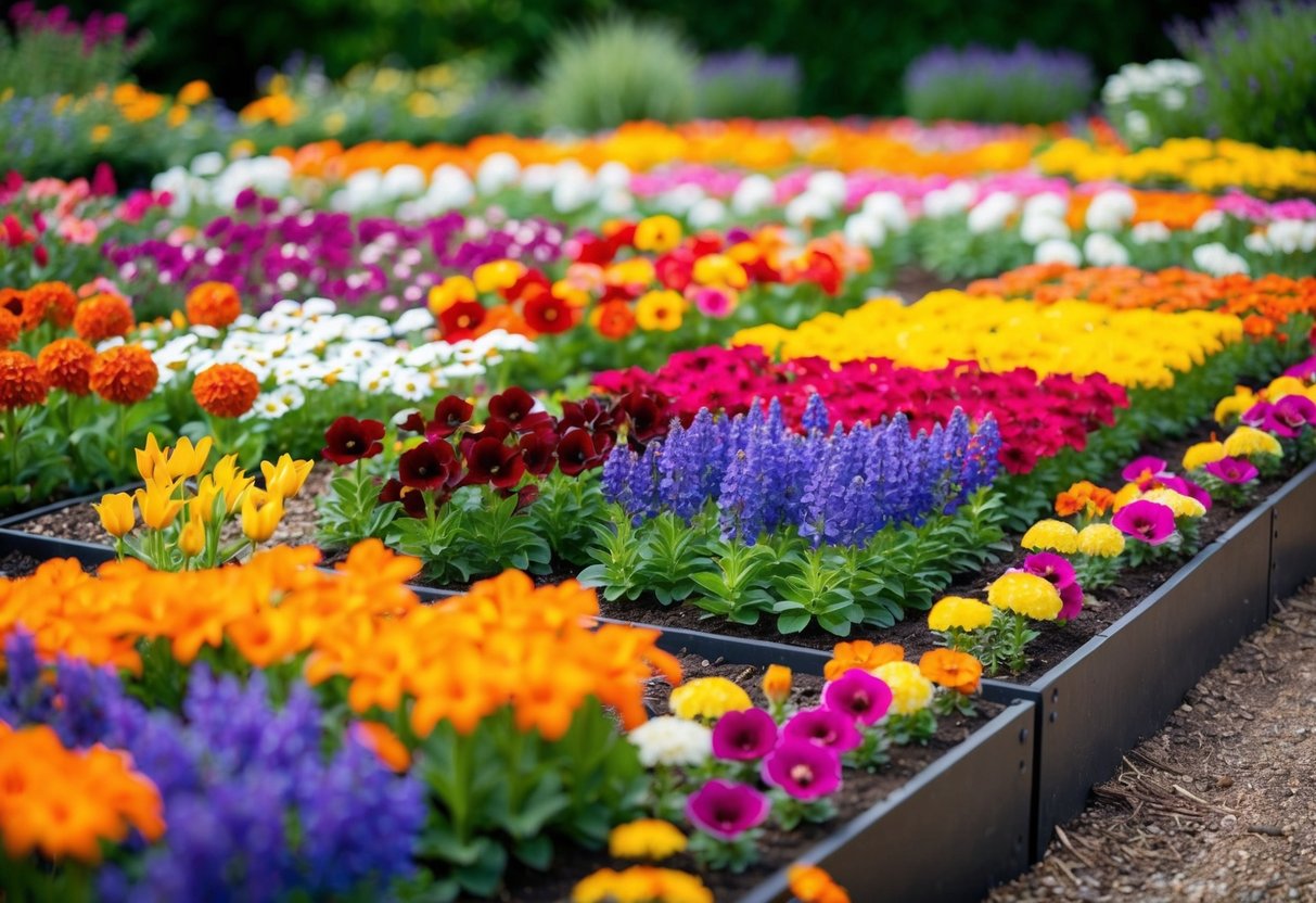 A vibrant garden bed with a variety of colorful flowers arranged in a creative and innovative pattern